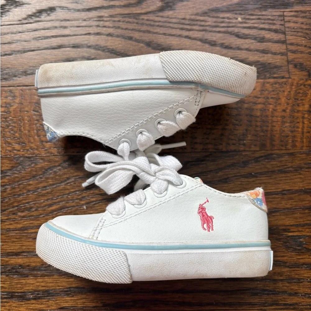 Polo by Ralph Lauren White Lace Sneakers with Flower Detail. Size 5.
